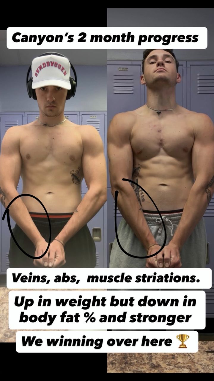 Canyon's two-month progress photos: up in bodyweight, down in body fat, with visible veins and abs.