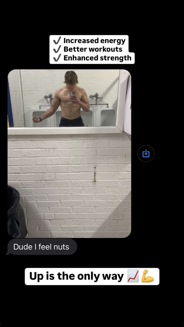Client mirror photo alongside a checklist of increased energy, better workouts and enhanced strength.