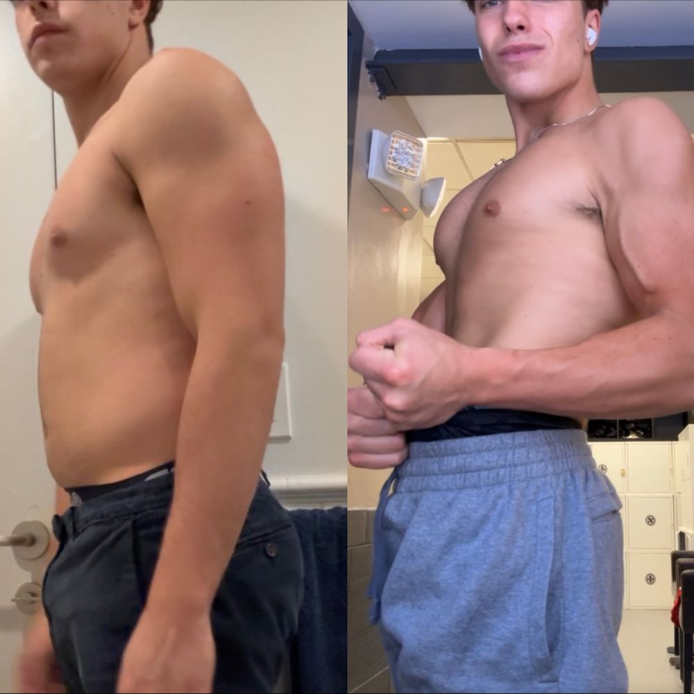 Apex client James before and after in side profile: tighter midsection and noticeably bigger arms.
