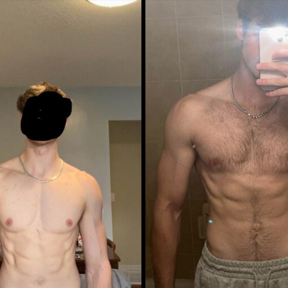 Apex client Nick before and after: fuller chest and arms with visible abs in the after photo.