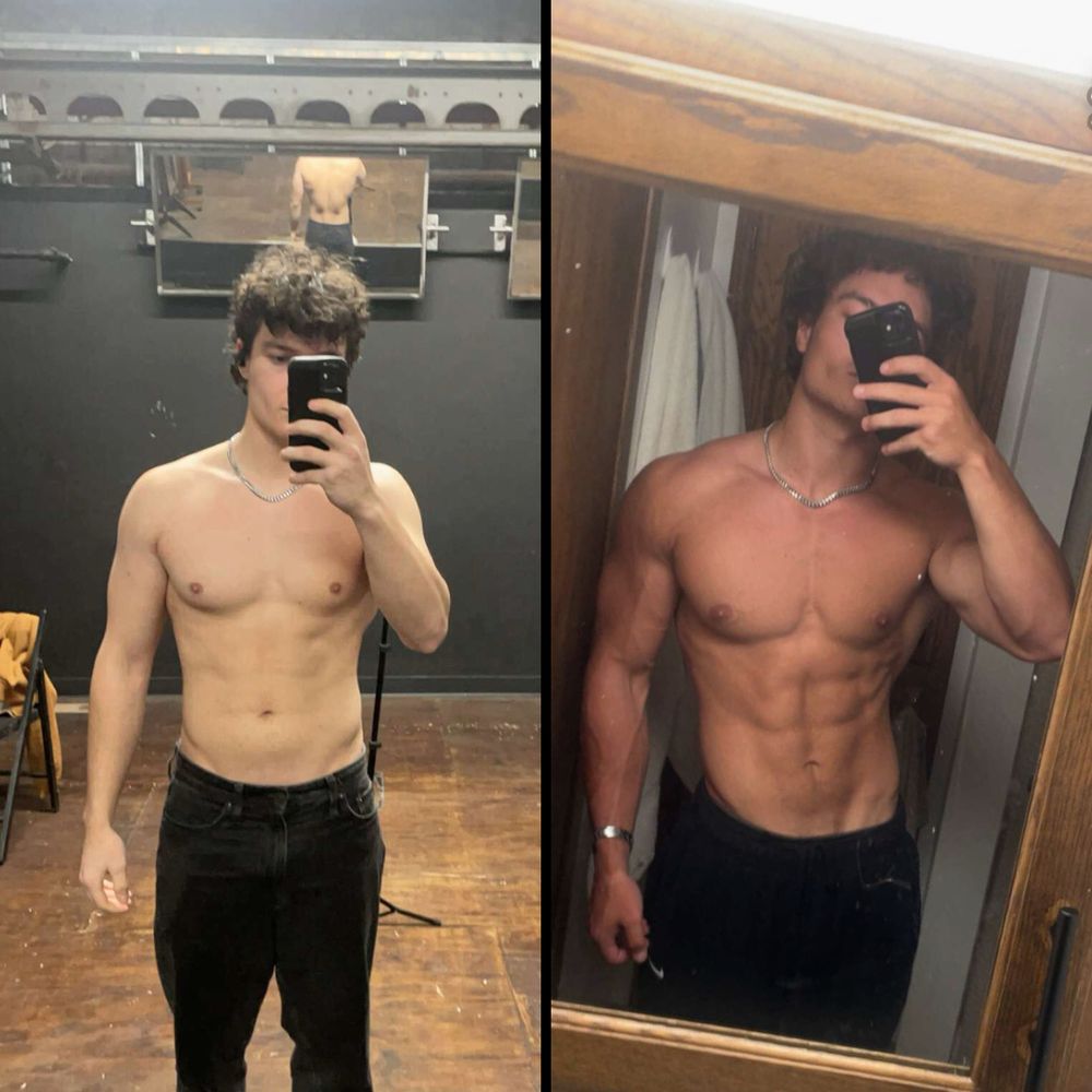 Apex client Tristan before and after: visibly leaner and more muscular in the after photo.