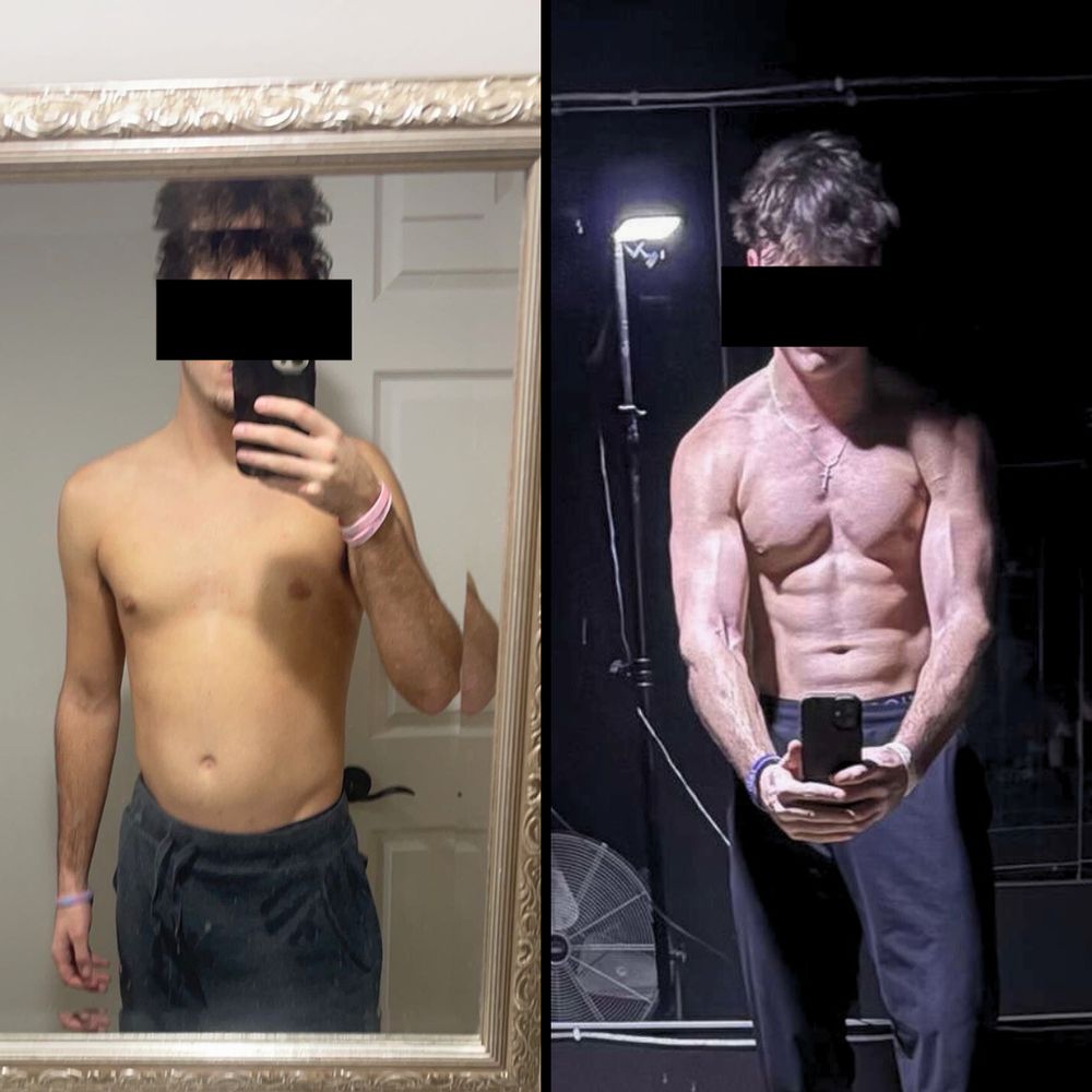 Apex client Walker before and after: visible abs and defined shoulders in the after photo.